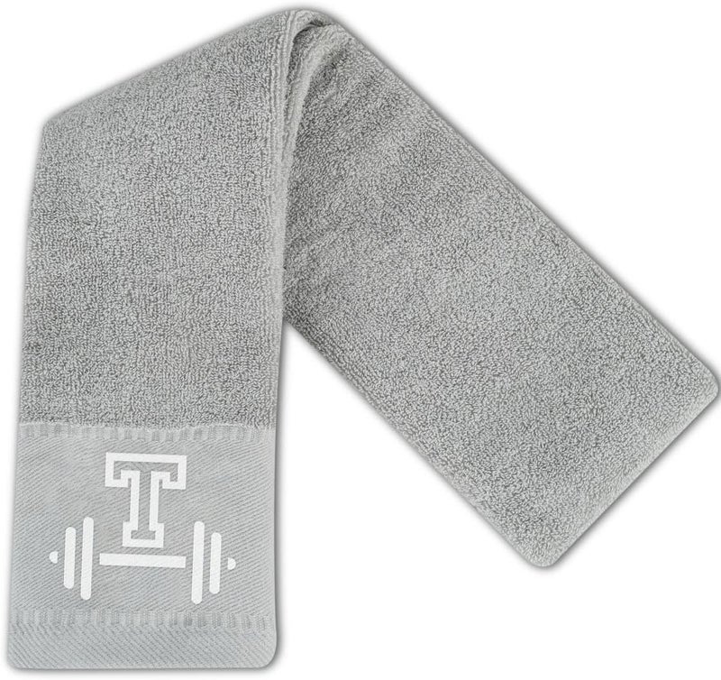 CybGene Gym Towel, Personalized Workout Gifts for Men, Women, Sports Lover, Exercise Fitness Gift for Gym Enthusiast on Birthday, Christmas, Soft and Absorbent Towel, Gray, Initial T - Image 1
